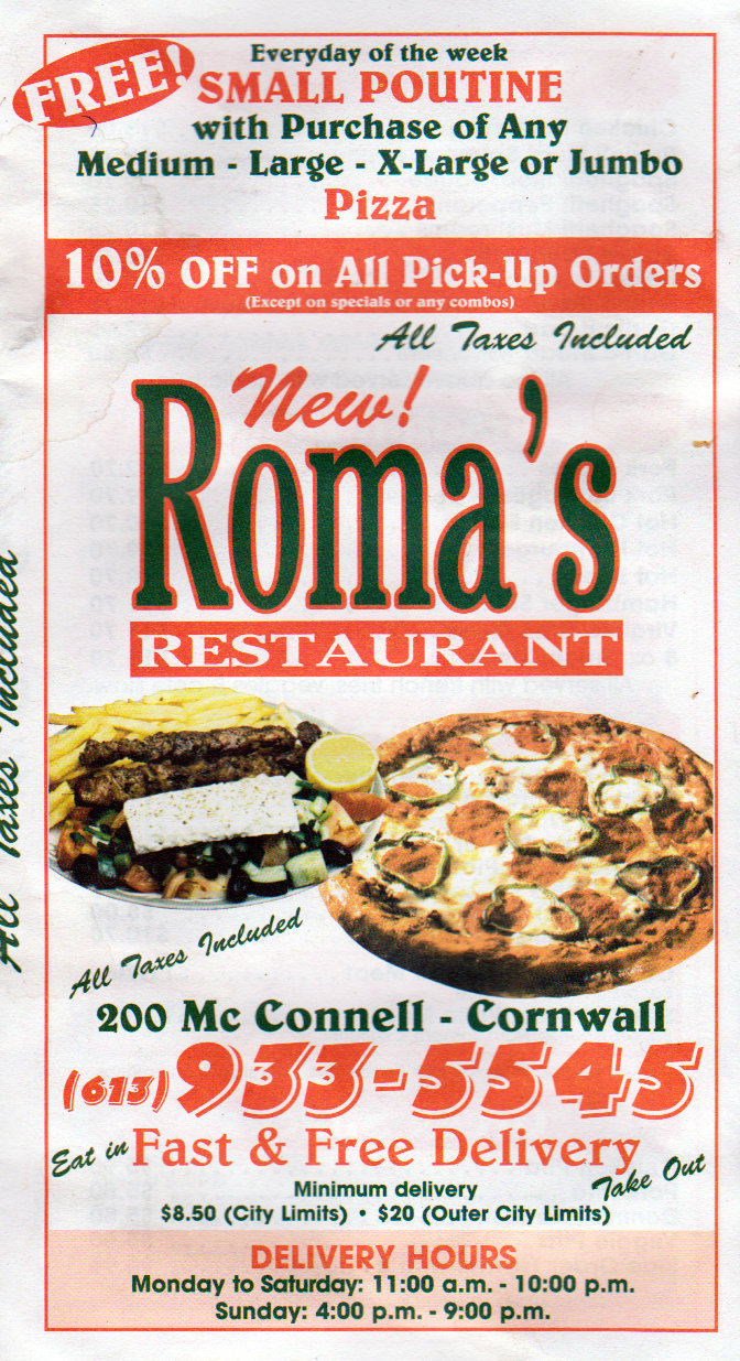 Roma’s Restaurant Online Menu in Cornwall Ontario – 200 McConnell