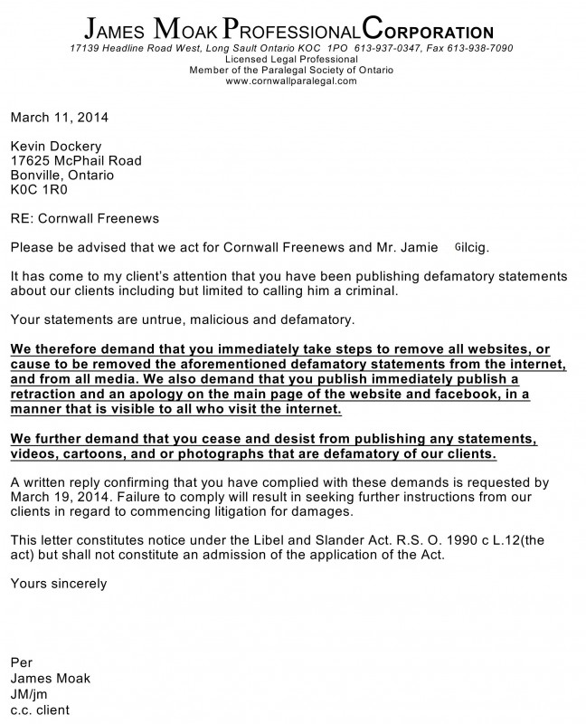 Legal Notice to Mr. Kevin Dockery Bonville Ontario