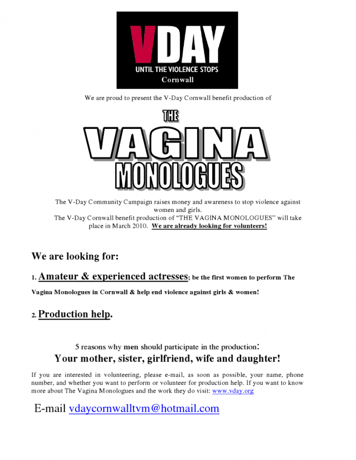 V-Day Community Campaign looking for Volunteers for Local Vagina Monologues Production – Cornwall Ontario – November 24, 2009