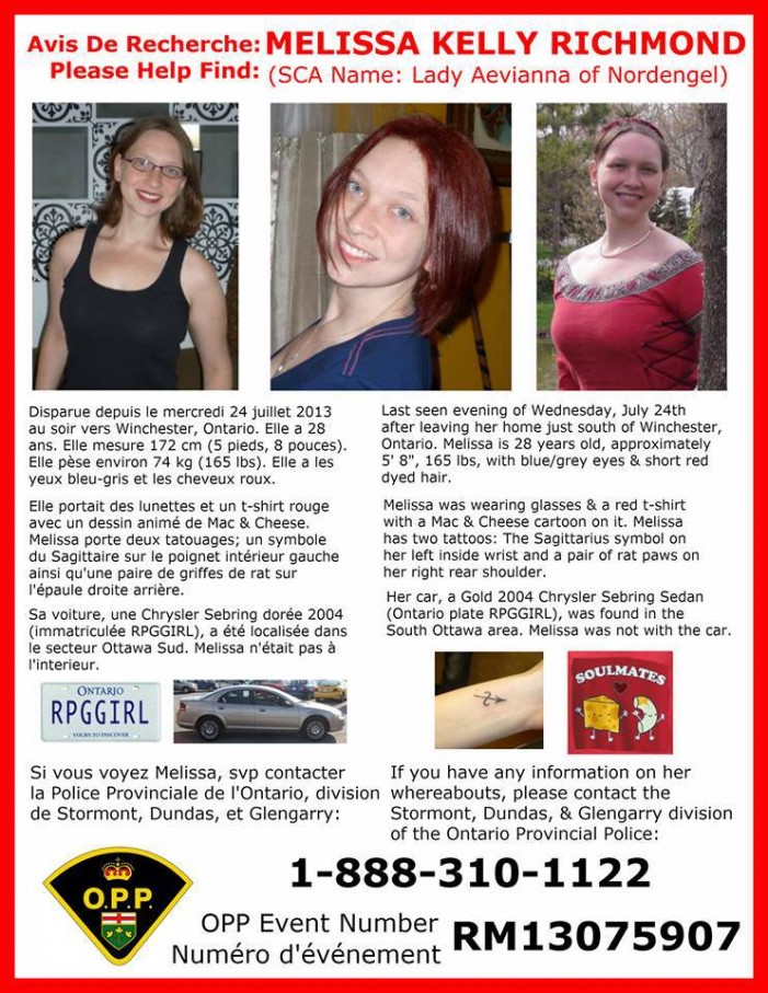 Confirmed – Ottawa Police Find Body Near Where Melissa Richmond’s Car Was Found – July 28, 2013