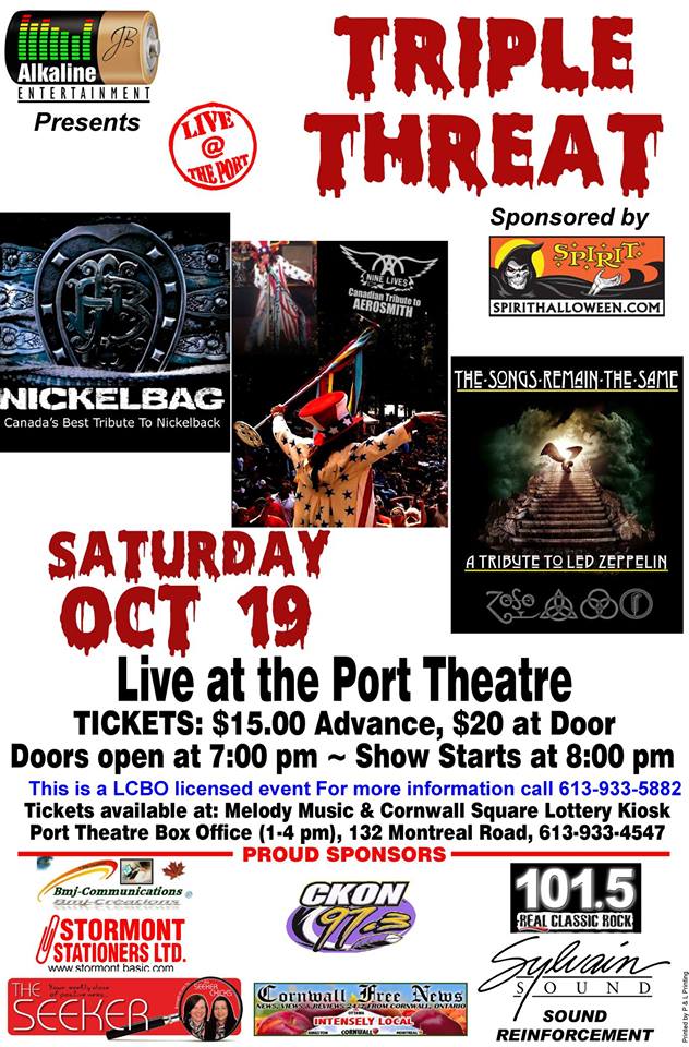 Saturday Oct 19 – Triple Tribute Threat at The Port Theatre in Cornwall Ontario! & Oct 26th Halloween Bash!
